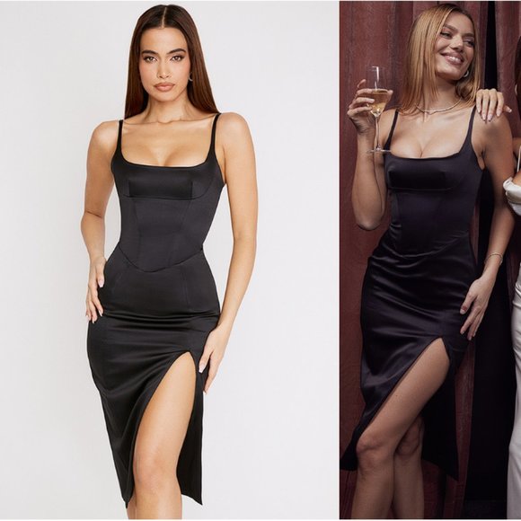 HOUSE OF CB 'Casimira' Black Satin Corset Midi Dress NWOT - Picture 4 of 11